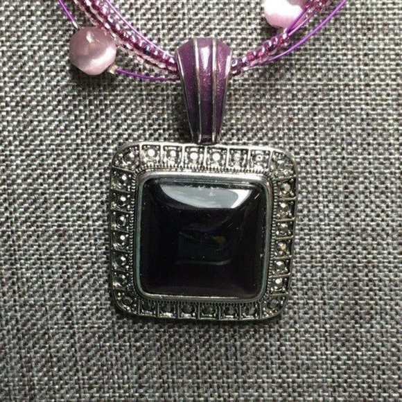Square Pendant Necklace Detailed Silver Purple Beads Multi Strand Retro BoHo - Picture 2 of 6